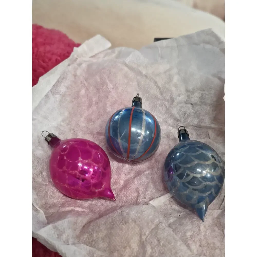 Vintage Polish Glass Christmas Ornaments Teardrop Reflector Hand Blown Set 3